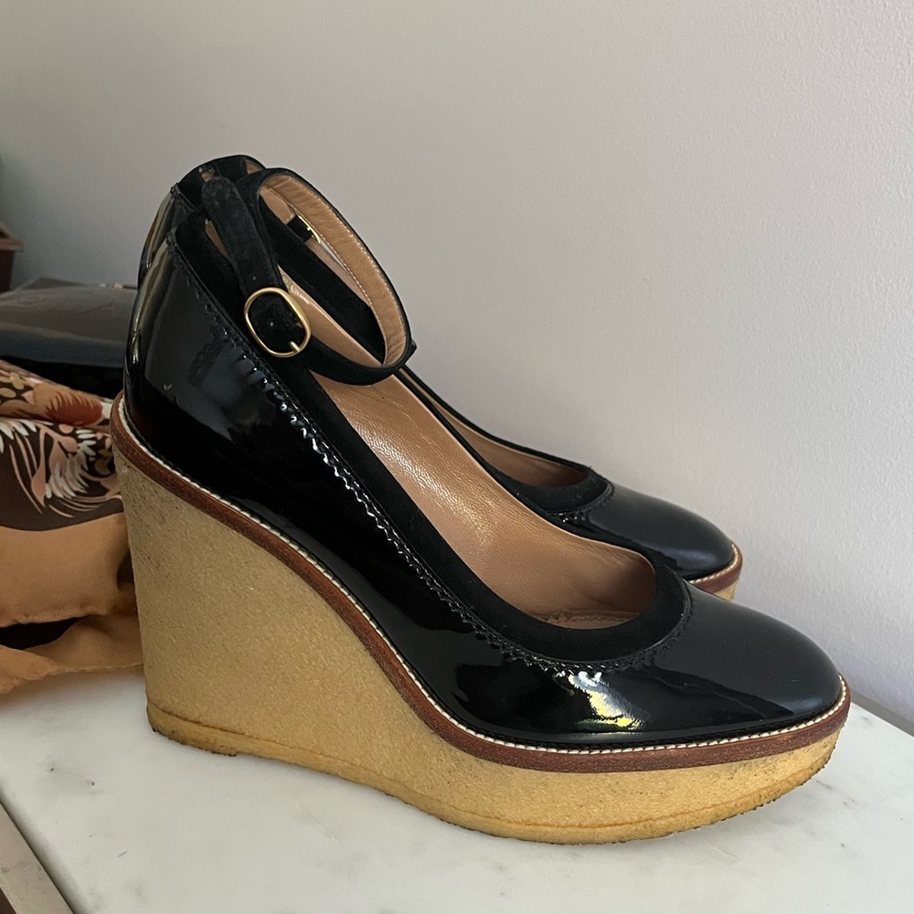 Women’s YVES SAINT LAURENT WEDGE BLACK PATENT Mules - Picture 10 of 15
